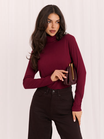 Burgundy ribbed turtleneck top