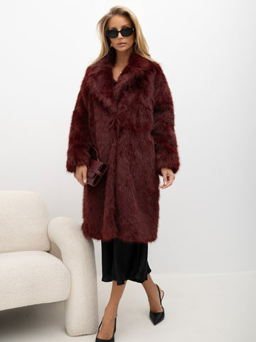 Burgundy knee-length faux fur coat