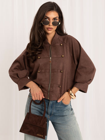 Brown military jacket with stand-up collar