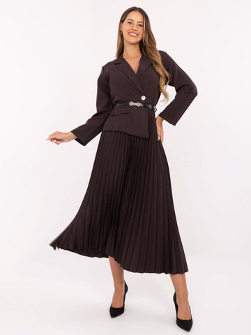Dark brown maxi dress with blazer top and pleated skirt