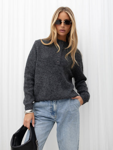 Dark grey fluffy oversized sweater with stand collar