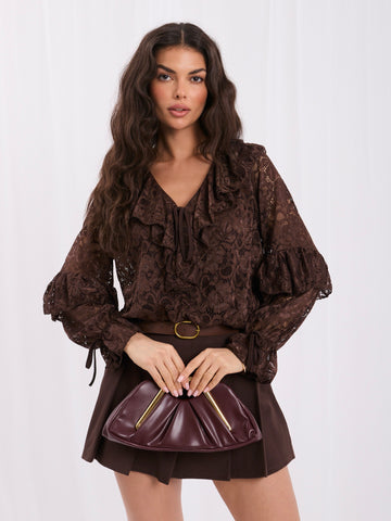 Chocolate lace blouse with jabot and tie