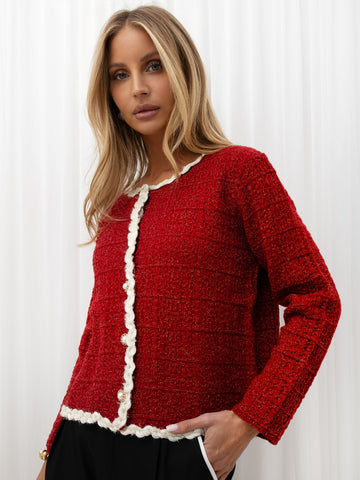 Red tweed cardigan with decorative trim