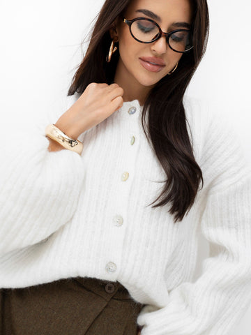 Ecru wool-blend button-up cardigan