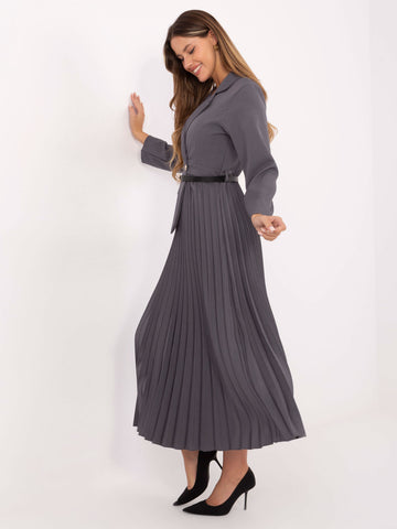 Graphite maxi dress with blazer top and pleated skirt