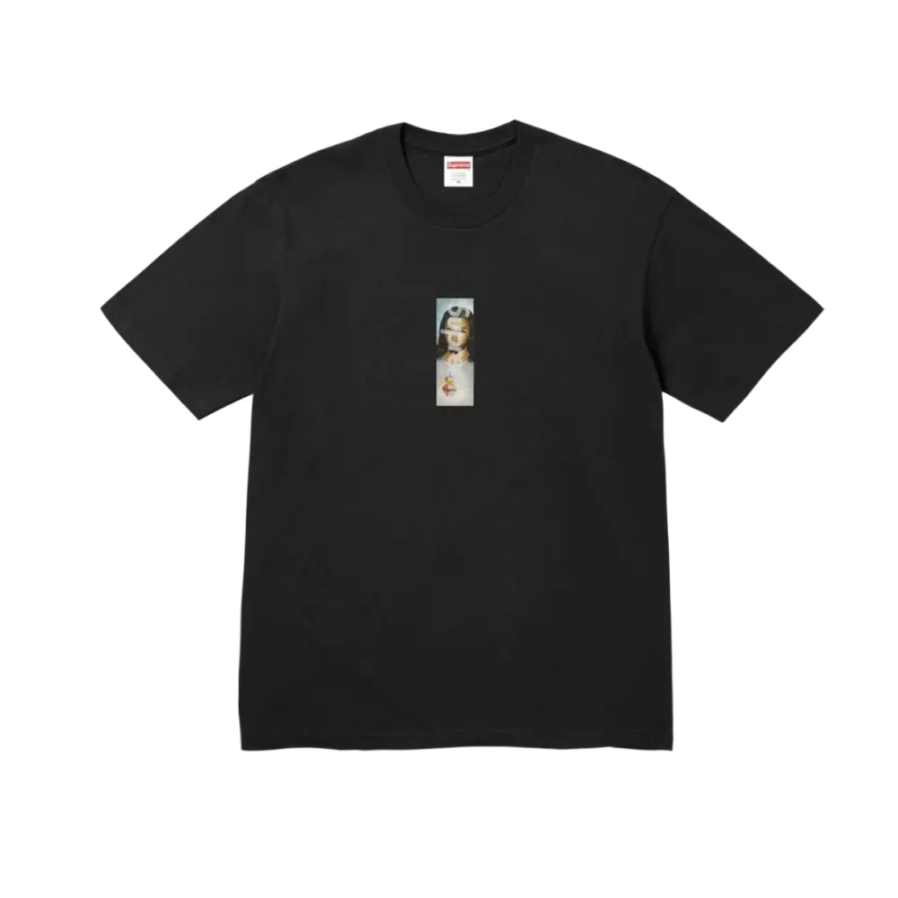 Supreme Prayer Card Box Logo Tee Black – czarna koszulka z nadrukiem obrazka modlitewnego, przód